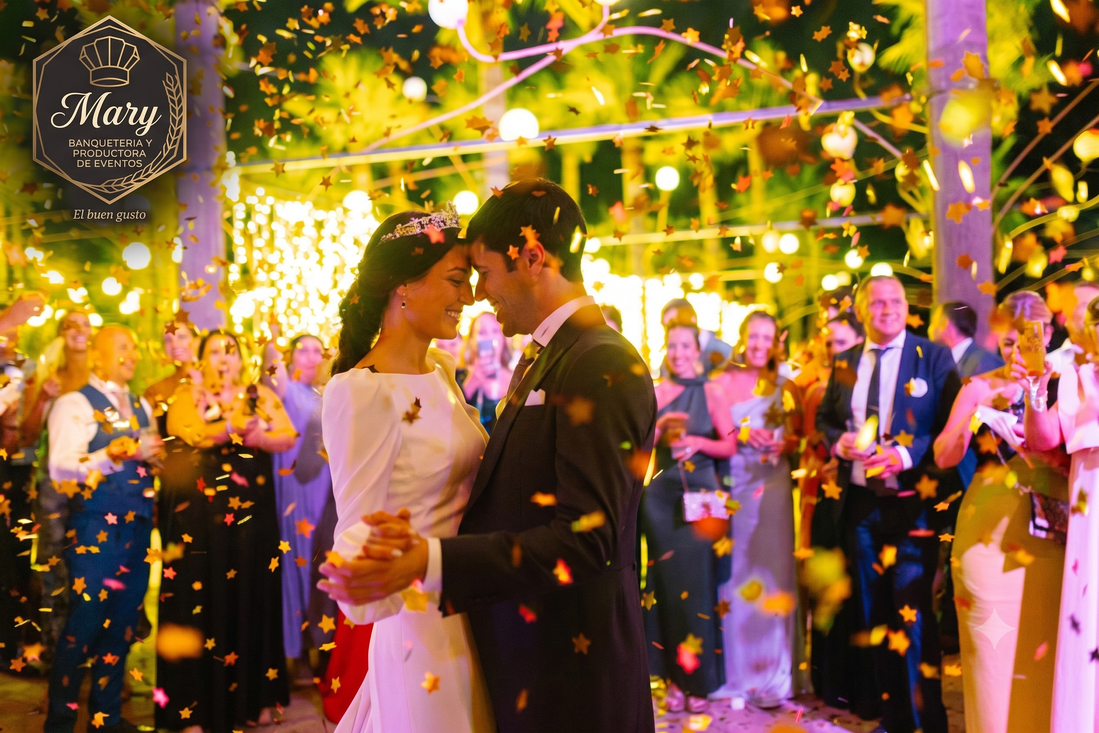Montaje de matrimonio elegante con mesas vestidas y decoración romántica