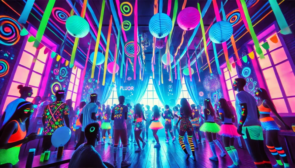 Pista de baile con luces fluor y decoración neón